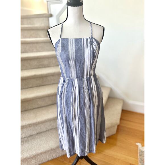 Abercrombie & Fitch Blue & White Linen Blend Striped Midi Dress - Picture 1 of 7